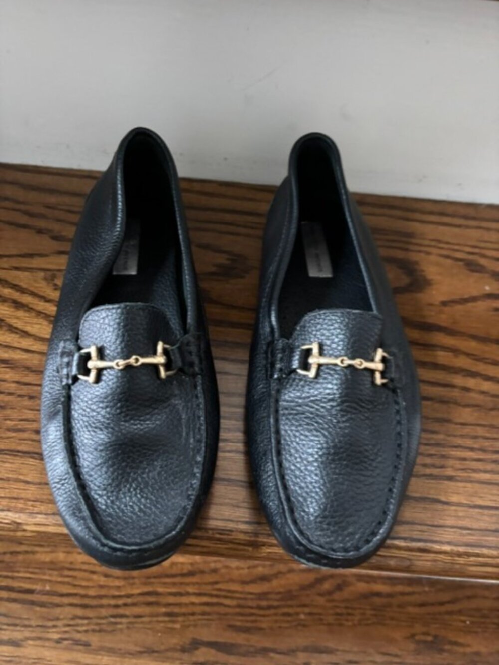 Saks Fifth Avenue Black Leather Horsebit Loafers with Gold Hardware